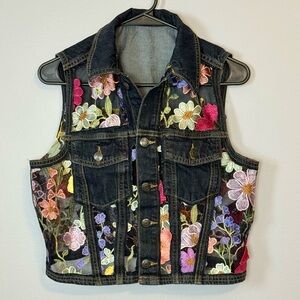 Upcycled Floral Embroidered Distressed Denim/Jean Vest
